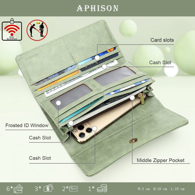 APHISON Womens Wallets RFID Blocking PU Leather Clutch Long Wallet for Women Card Holder Phone Organizer Ladies Travel Purse Hollow Out Sunflower Design Gift Box 2214GREEN - Image 2